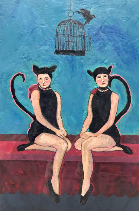 Artistic depiction of two women with cat-like features sitting on a ledge with a birdcage above them.