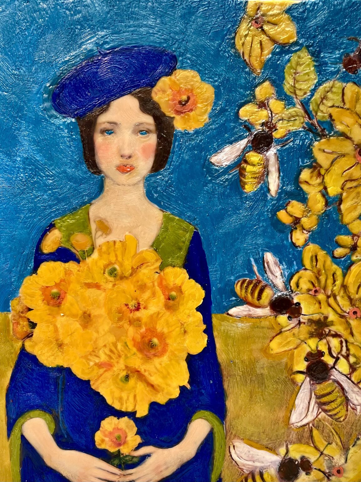 Artistic depiction of a woman with flowers and bees in a stylized setting