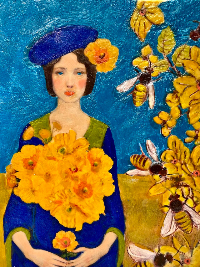 Artistic depiction of a woman with flowers and bees in a stylized setting
