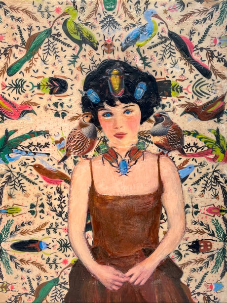 Artistic portrait of a woman with birds and decorative elements on a patterned background