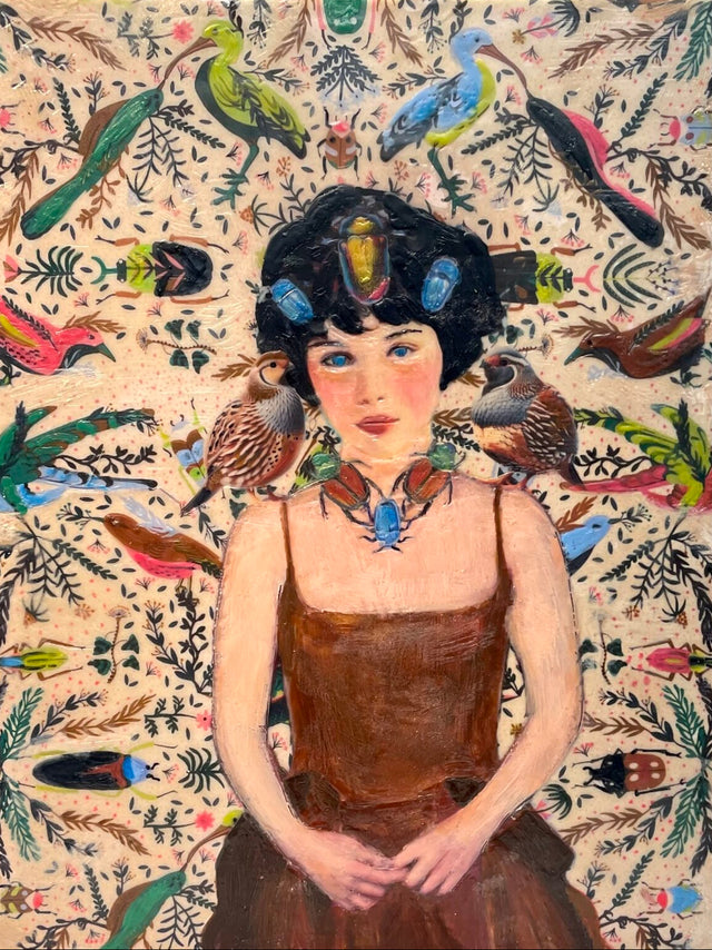 Artistic portrait of a woman with birds and decorative elements on a patterned background