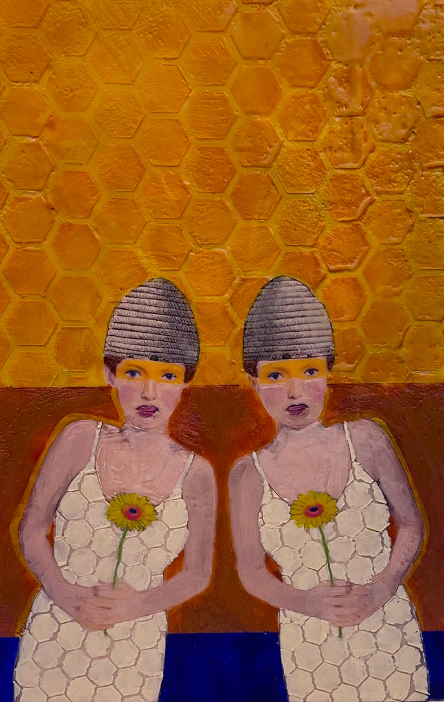 Two figures with honeycomb patterns on their heads against a honeycomb-patterned background