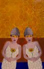 Two figures with honeycomb patterns on their heads against a honeycomb-patterned background