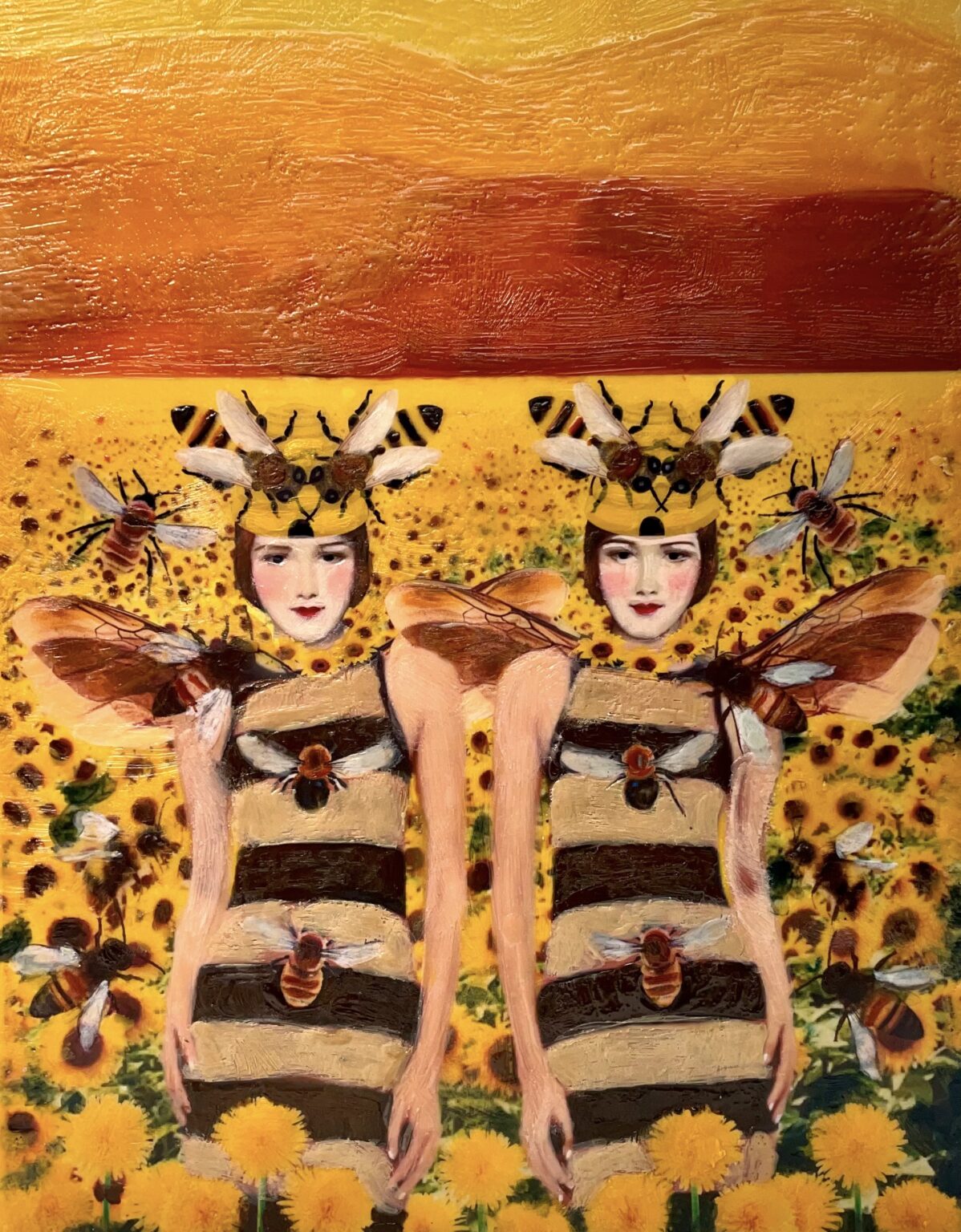 Artistic depiction of two women with bee-themed clothing and accessories on a sunflower field background.