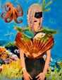 Encaustic Collage of a women with an octopus, fish, and shell against a blue underwater background.