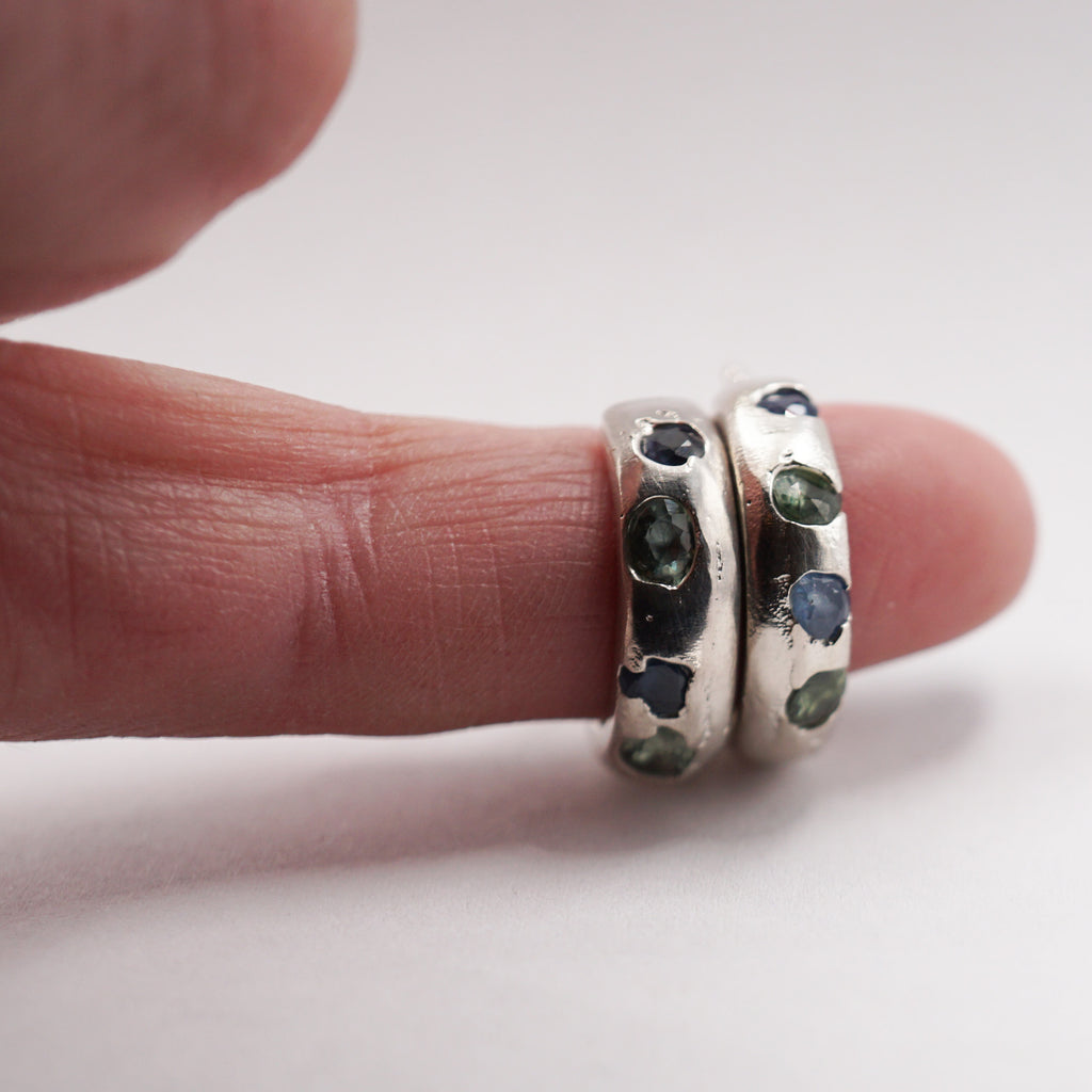 Metal Atelier sterling silver hoops are cast individually with a range of blue and green sapphires dropped into place! 