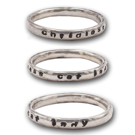 Childless Cat Lady Stamped Sterling Silver Stacking Ring_Shown as Group