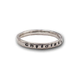 Childless Cat Lady Stamped Sterling Silver Stacking Ring_Shown with the Childless Stamp facing front