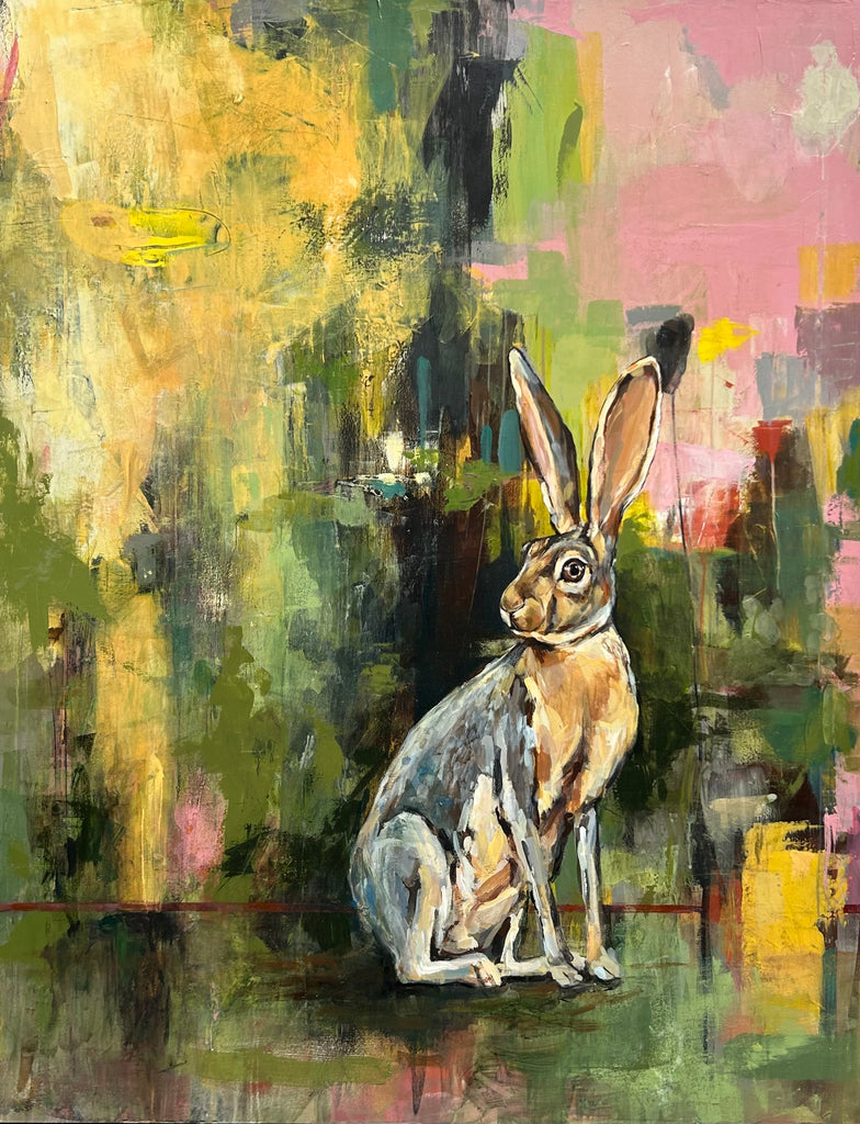 Release the Hounds. A beautiful bunny rabbit as a talisman of protection against something powerful or aggressive. Depicted in a loose abstracted background that implies a sense of space or environment for the subject matter to reside in.