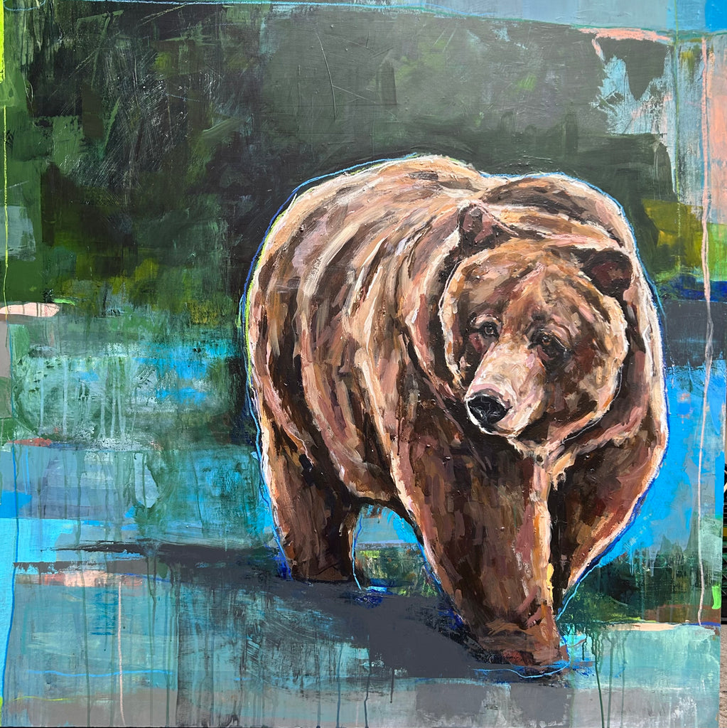 So This Is Her Kingdom by artist Michael McConnell. A California Bear depicted in a loose abstracted background that implies a sense of space or environment for the subject matter to reside in.