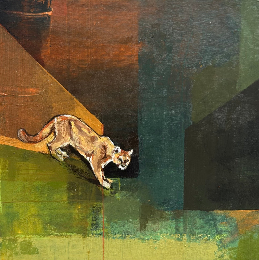 Cliff Dweller. A mountain lion on the move in a color field landscape that is also representative of a sense of place. Artist Michael McConnell creates relationships within the color palette, taking interest in how colors can provoke a mood, a feeling, or grounding.