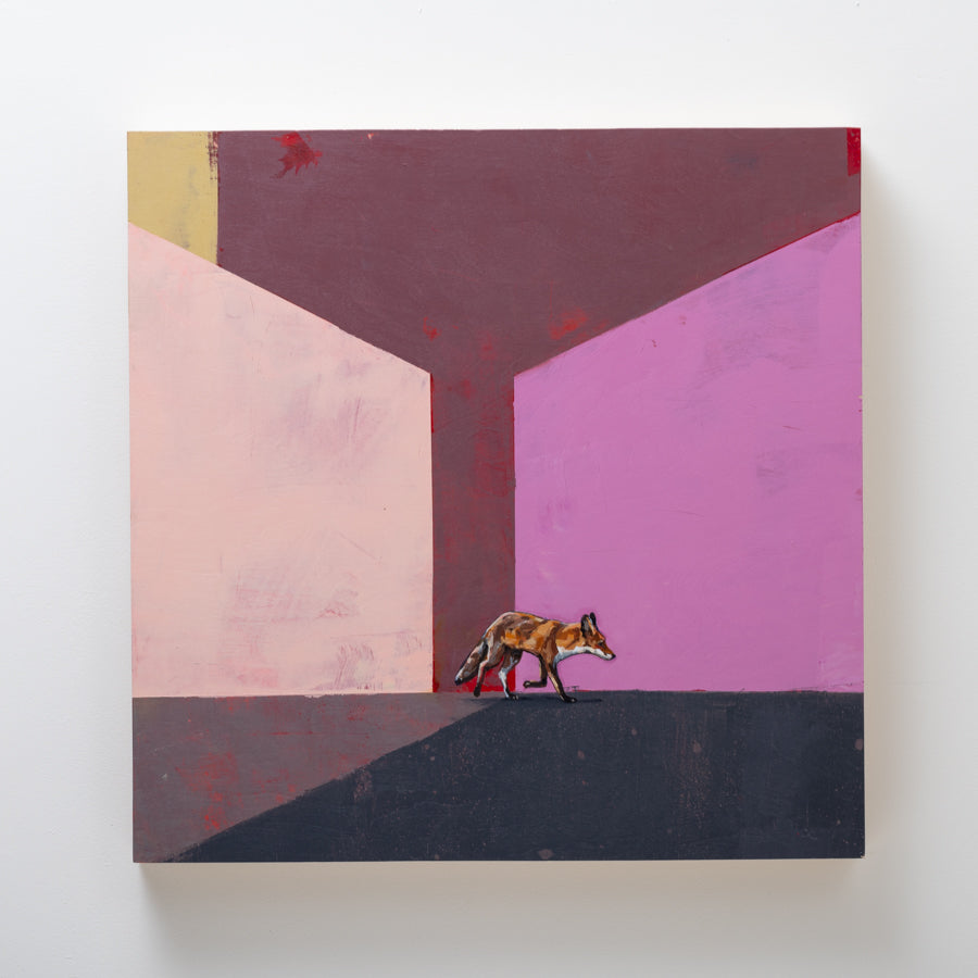 Easement. A coyote on the move in a color field landscape that is also representative of a sense of place. Artist Michael McConnell creates relationships within the color palette, taking interest in how colors can provoke a mood, a feeling, or grounding.