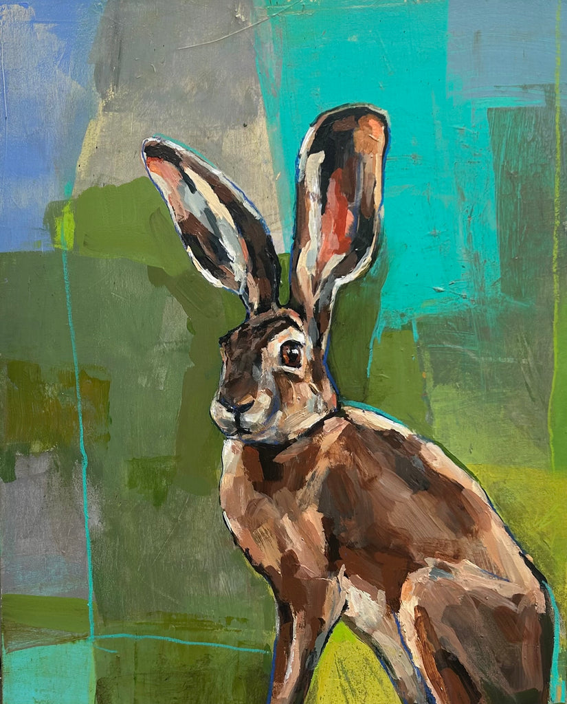 Hare Stare by San Francisco artist Michael McConnell. A dramatic hare or bunny rabbit painting in a loose abstracted background that implies a sense of space or environment for the subject to reside in.