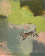 Leap by Michael McConnell. A bunny rabbit painting in a loose abstracted background that implies a sense of space or environment for the subject to reside in.