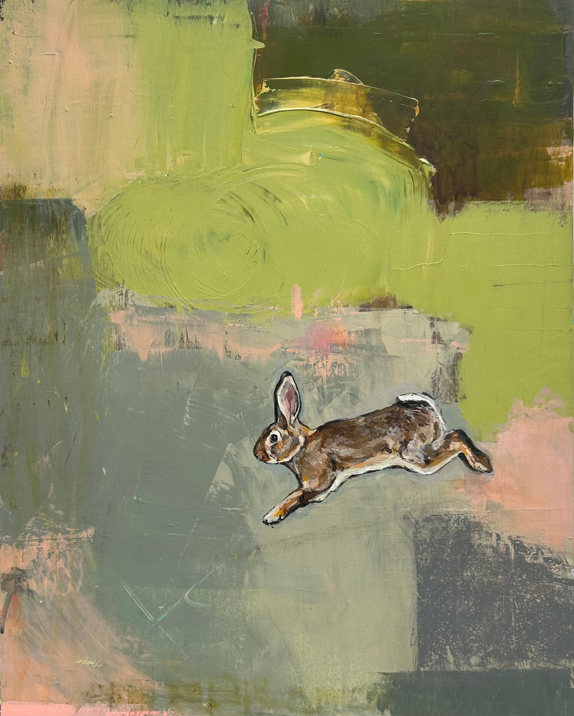 Leap by Michael McConnell. A bunny rabbit painting in a loose abstracted background that implies a sense of space or environment for the subject to reside in.