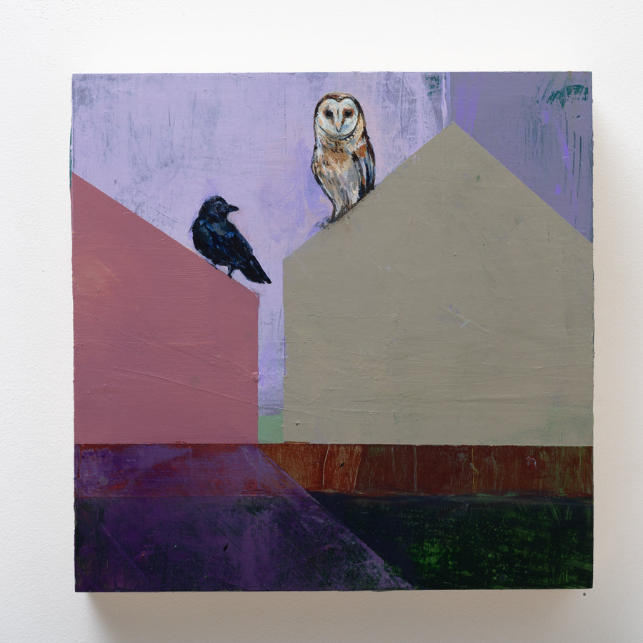 The Legend of the Owl and Crow. Abstracted color and forms compose the environment for representational depictions of animals to reside in. The animals carry their own associations and meanings entwined with those of my own personal narrative.&nbsp;Often, they can be symbols of prevalent relationships in my life.&nbsp;At times they are presented in isolation, self reflecting. Pairs or groups form more complicated dialogues.