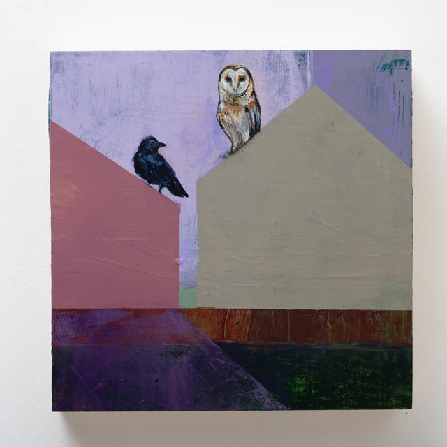 The Legend of the Owl and Crow. Abstracted color and forms compose the environment for representational depictions of animals to reside in. The animals carry their own associations and meanings entwined with those of my own personal narrative.&nbsp;Often, they can be symbols of prevalent relationships in my life.&nbsp;At times they are presented in isolation, self reflecting. Pairs or groups form more complicated dialogues.