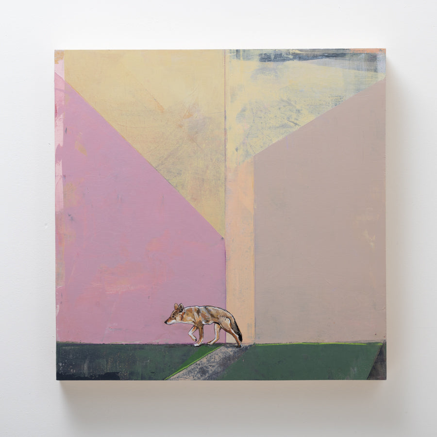 Passageway. A coyote on the move in a color field landscape that is also representative of a sense of place. Artist Michael McConnell creates relationships within the color palette, taking interest in how colors can provoke a mood, a feeling, or grounding.