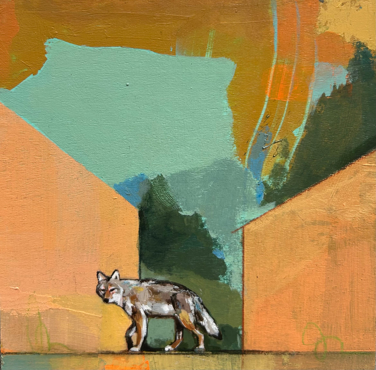 Prairie Wolf. A coyote on the move in a color field landscape that is also representative of a sense of place. Artist Michael McConnell creates relationships within the color palette, taking interest in how colors can provoke a mood, a feeling, or grounding.