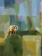 A bear glowing in the light in a blue and green abstract landscape by Artist Michael McConnell