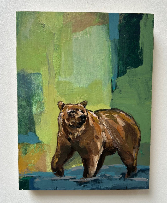 Bear There. A bear in water in a color field landscape that is also representative of a sense of place. Artist Michael McConnell creates relationships within the color palette, taking interest in how colors can provoke a mood, a feeling, or grounding.