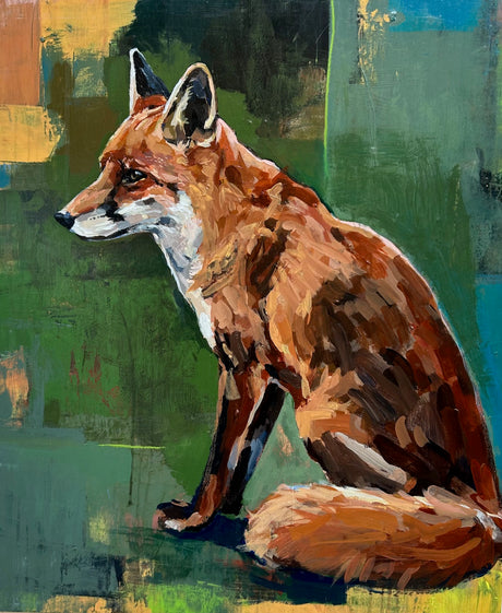 Contemplation. A fox painting in a loose abstracted background that implies a sense of space or environment for the subject to reside in. The fox is the key subject in this acrylic on wood panel painting.