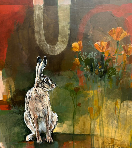 Embracing the Present. A hare painted in an abstract landscape background with hints of botanicals by Artist Michael McConnell 