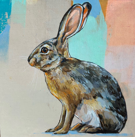 Finding Gray Hares. A dramatic hare or bunny rabbit painting in a loose abstracted background that implies a sense of space or environment for the subject to reside in.