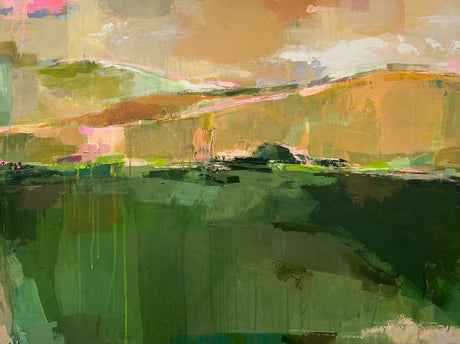 Golden California is a diptych abstract landscape, an homage to the majestic Mount Tamalpais in a color palette of greens, yellow and pink. Part 1