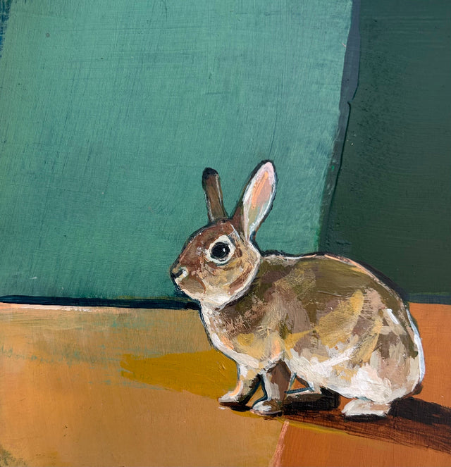 Abstract artist Michael McConnell rabbit painting on a color field background
