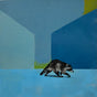 Midnight Stroll. A raccoon on the move in a blue color field landscape that is also representative of a sense of place.