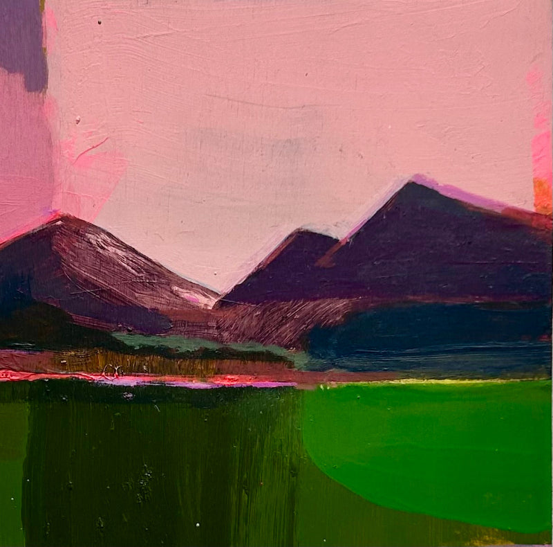 Mountain Meditation 2. A petite abstract painting with pink, purples and greens in homage to the majestic Mount Tamalpais... or any mountain, really. 