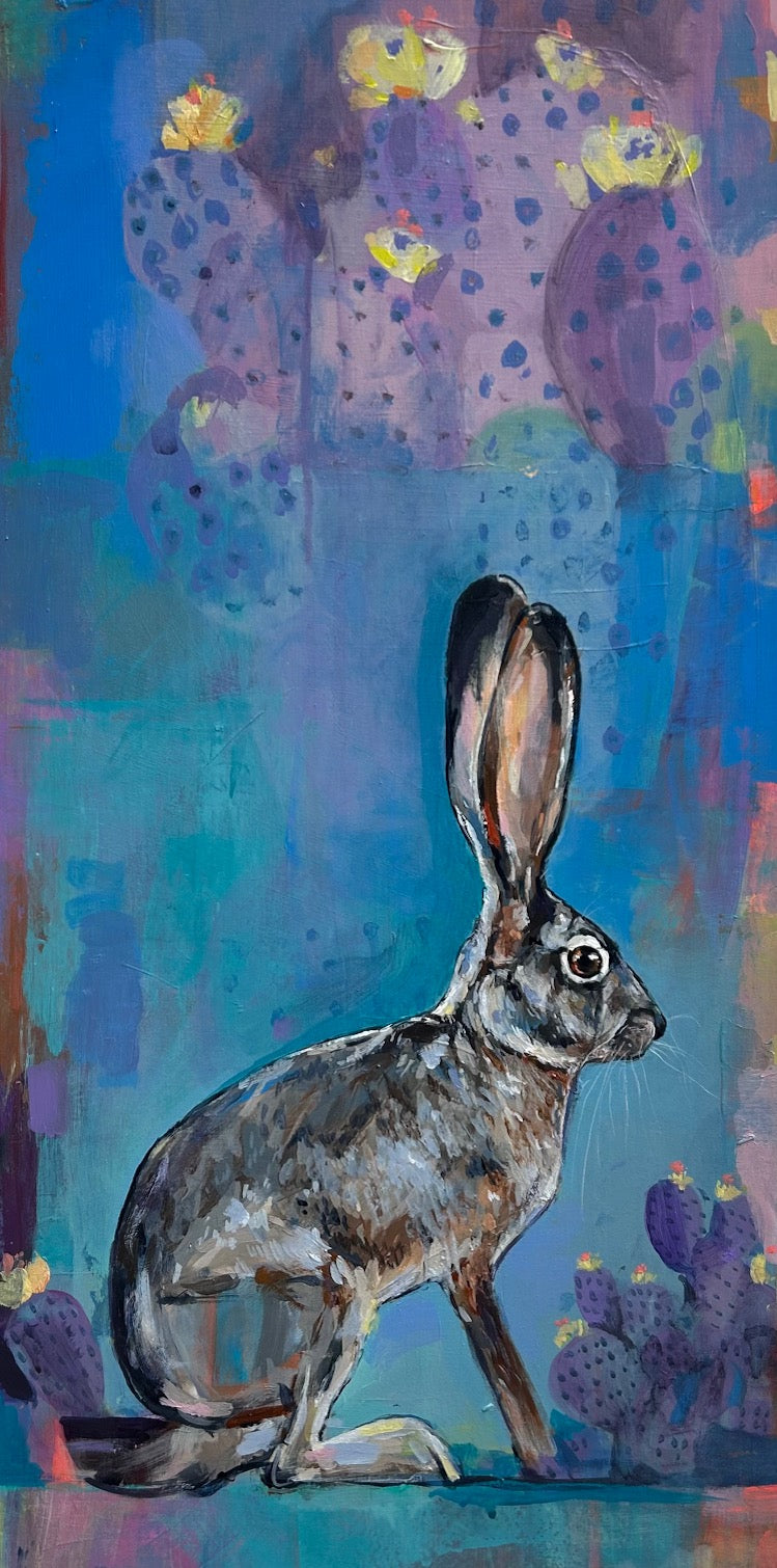 Prickly Pear Hare. A hare painted in an abstract landscape background with hints of botanicals representative of cactus by artist Michael McConnell