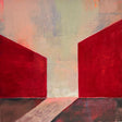 Abstract painting with shapes suggest structures– homes, passageways, and horizons. The color pallet of deep red of a tricycle