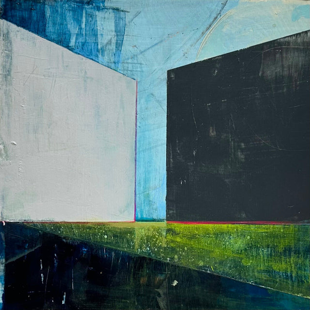 Abstract painting with shapes suggest structures– homes, passageways, and horizons. The color pallet of blue, white, black and green.