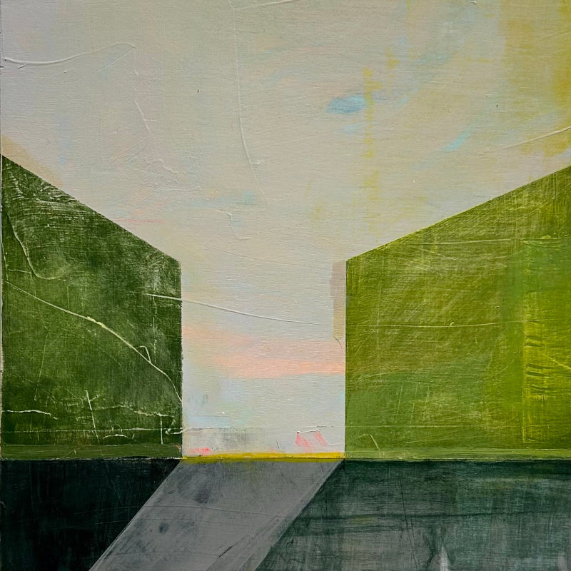 Abstract painting with shapes suggest structures– homes, passageways, and horizons. The color pallet of green, lime green and pale pink