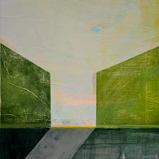 Abstract painting with shapes suggest structures– homes, passageways, and horizons. The color pallet of green, lime green and pale pink