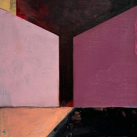 Abstract painting with shapes suggest structures– homes, passageways, and horizons. The color pallet of pink, peach and rose.