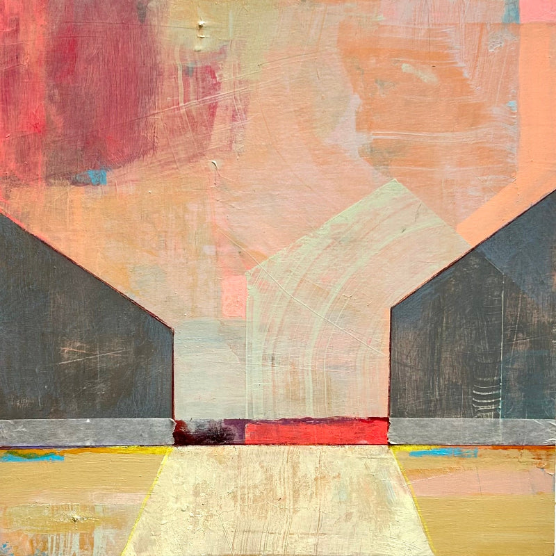 Abstract painting with shapes suggest structures– homes, passageways, and horizons. The color pallet of gray, yellow, peach, red.