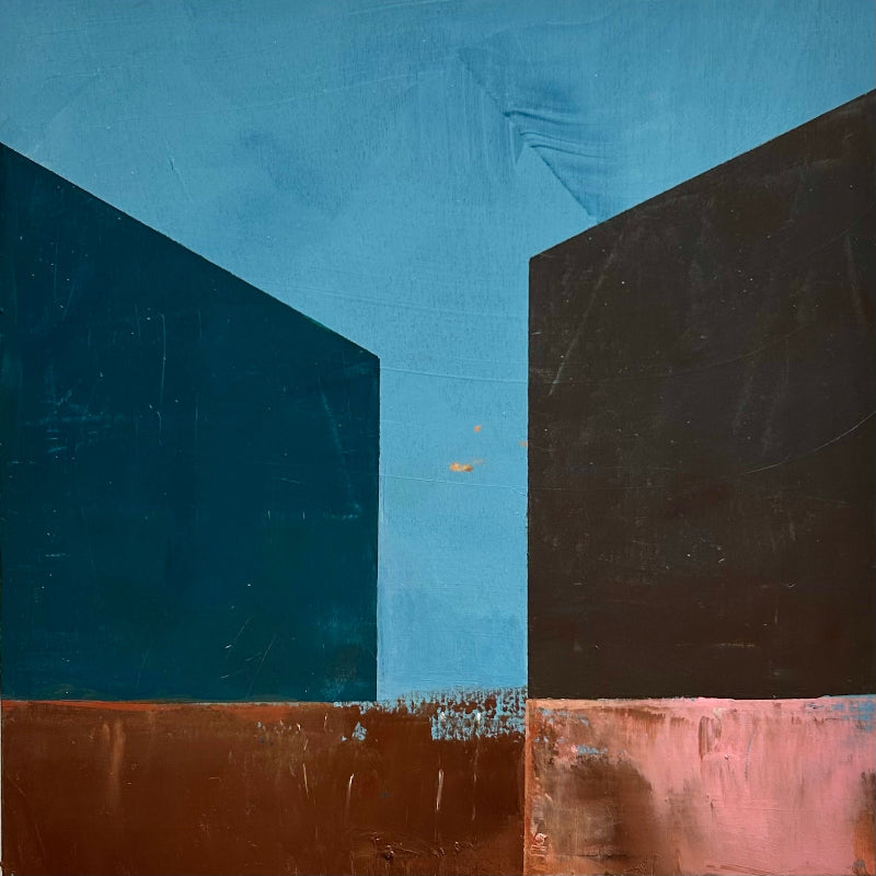 Abstract painting with shapes suggest structures– homes, passageways, and horizons. The color pallet of blue, brown and peach