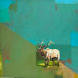 stylized buck in a color field/landscape. The artist creates relationships within the color palette, taking interest in how colors can provoke a mood, a feeling, or a sense of place.