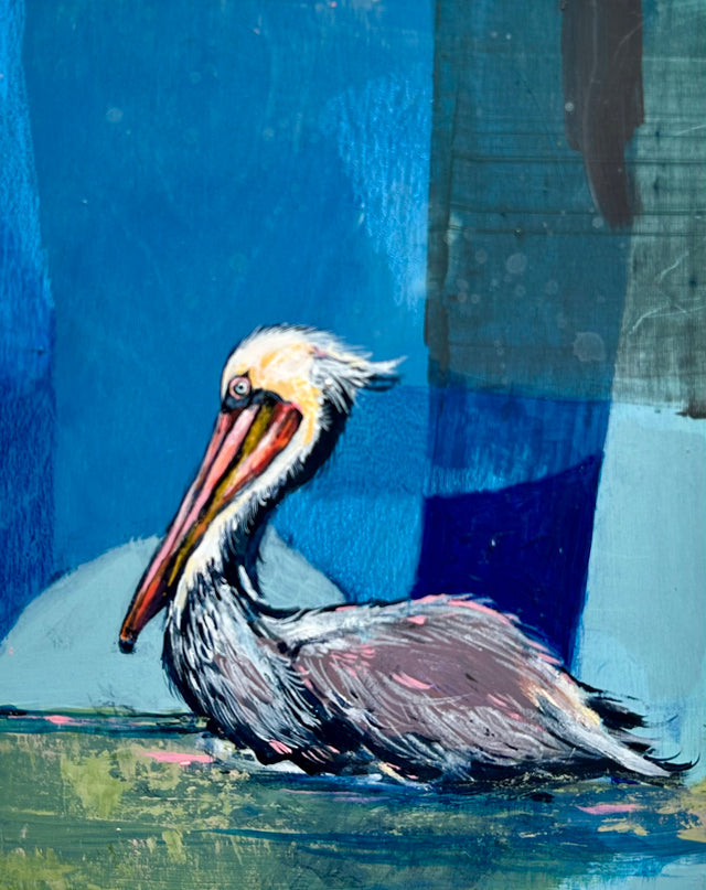 Painting of a pelican in water with a blue background
