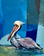 Painting of a pelican in water with a blue background