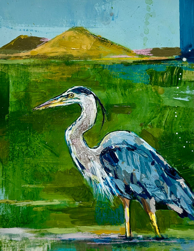 Painting of a heron standing in water with Mt Tam in the background