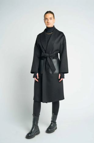 Mute by JL Hourglass is a long cashmere and merino wool blend wrap coat. Shown in black cashmere and merino wool blend with vegan leather pockets and detail. Fit and quality are very similar to Max Mara coats.