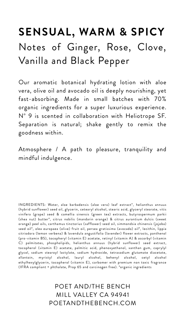 Back label of No 9 Body Lotion by Poet and the Bench