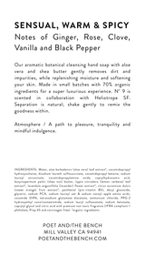 Back label of No 9 plant-based and antioxidant rich hand soap; leaves hands smooth and protected with
- Aloe Vera soothes
- Shea Nut Butter hydrates
- Coconut Cleanser conditions