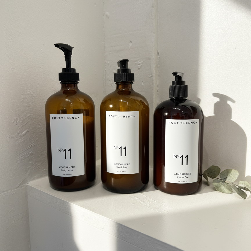Group Shot of Poet and the Bench No 11 Atmosphere Body Lotion, Hand Soap and Shower Gel 70% Organic Ingredients and Certified Clean Earthy Floral and Spicy Scent