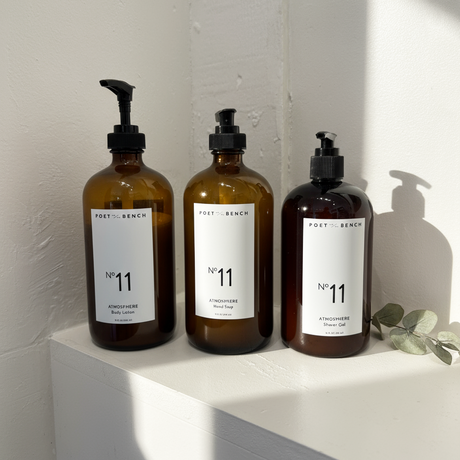 Group Shot of Poet and the Bench No 11 Atmosphere Body Lotion, Hand Soap and Shower Gel 70% Organic Ingredients and Certified Clean Earthy Floral and Spicy Scent