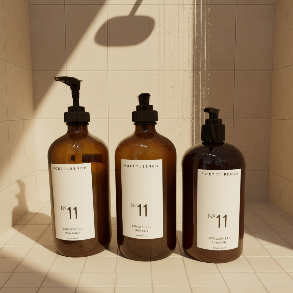 Group Shot of Poet and the Bench No 11 Atmosphere Body Lotion, Hand Soap and Shower Gel 70% Organic Ingredients and Certified Clean Earthy Floral and Spicy Scent